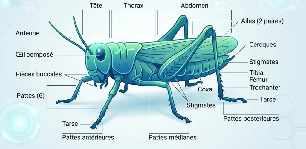 Schéma annoté en français de l’anatomie d’un insecte : tête, thorax et abdomen